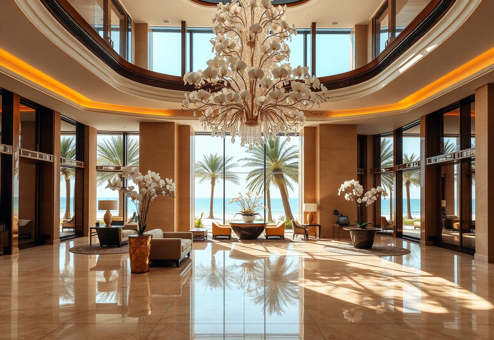 Aurelia Grand lobby with travertine and chandeliers